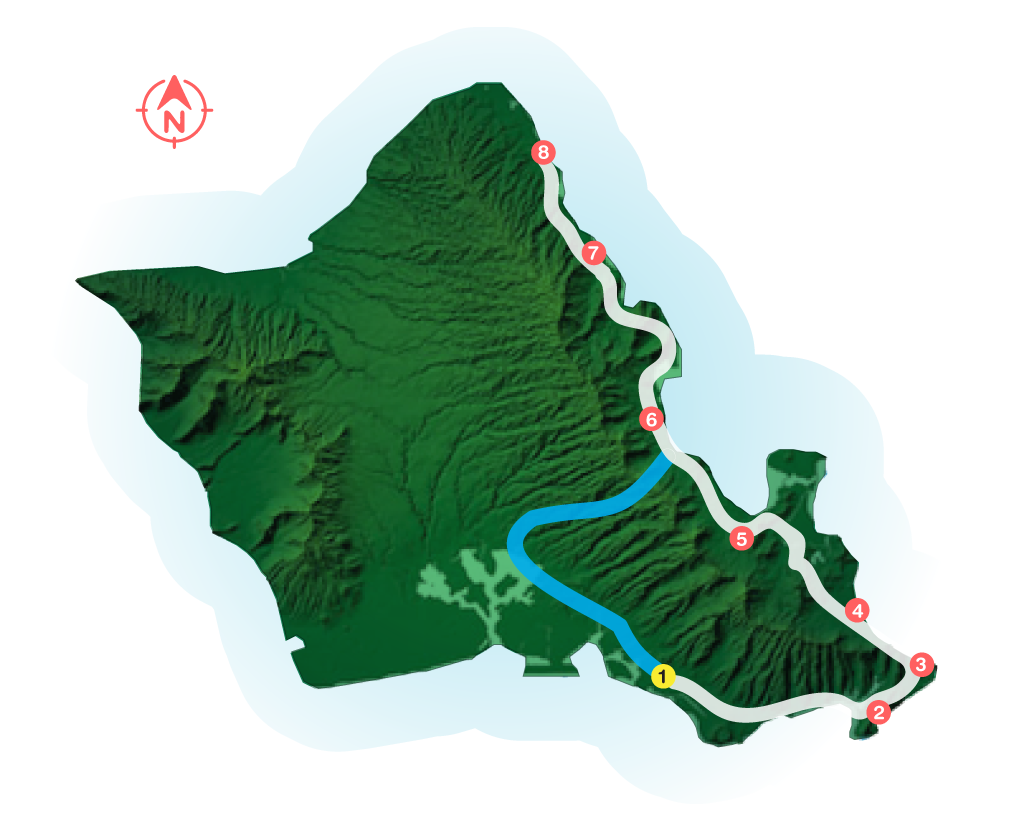 Ruta del tour Suroeaste Oahu